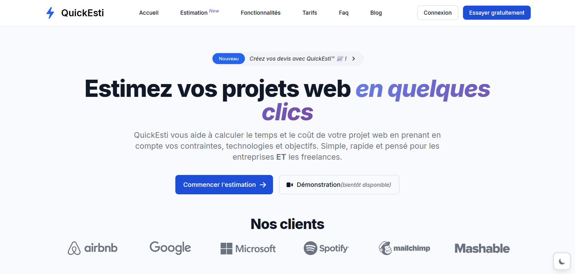 Capture d'écran de l'application QuickEstiQuickEsti